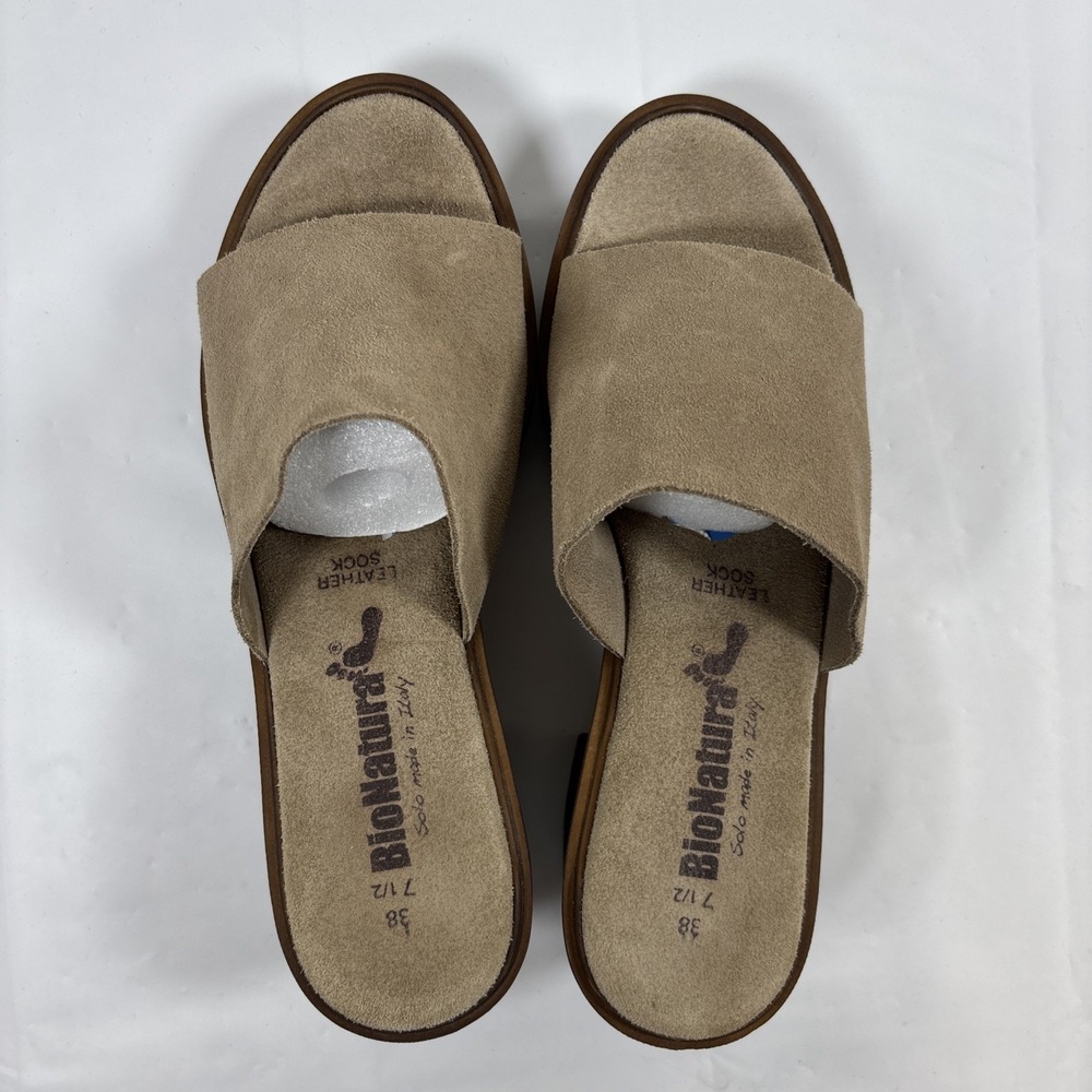 BioNatura Women 38 Italian Tan Suede Leather Slide Sandals Chunky Mules Platform - Picture 5 of 11